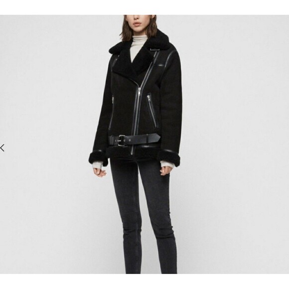 All Saints Rei Jacket Womens Small Black Shearling Sheepskin Lamb Leather Biker - Picture 3 of 16